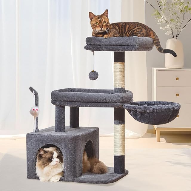 Taoqimiao Cat Tree, Small Cat Tower for Indoor Cats, Big Cat Perch | 82cm/32.2Inch, Suitable for Kittens, Big Cat Condo, 2 Sisal Scratching Posts, Cat Mouse Toys, Cozy Basket, Smoky Gray, MS043G