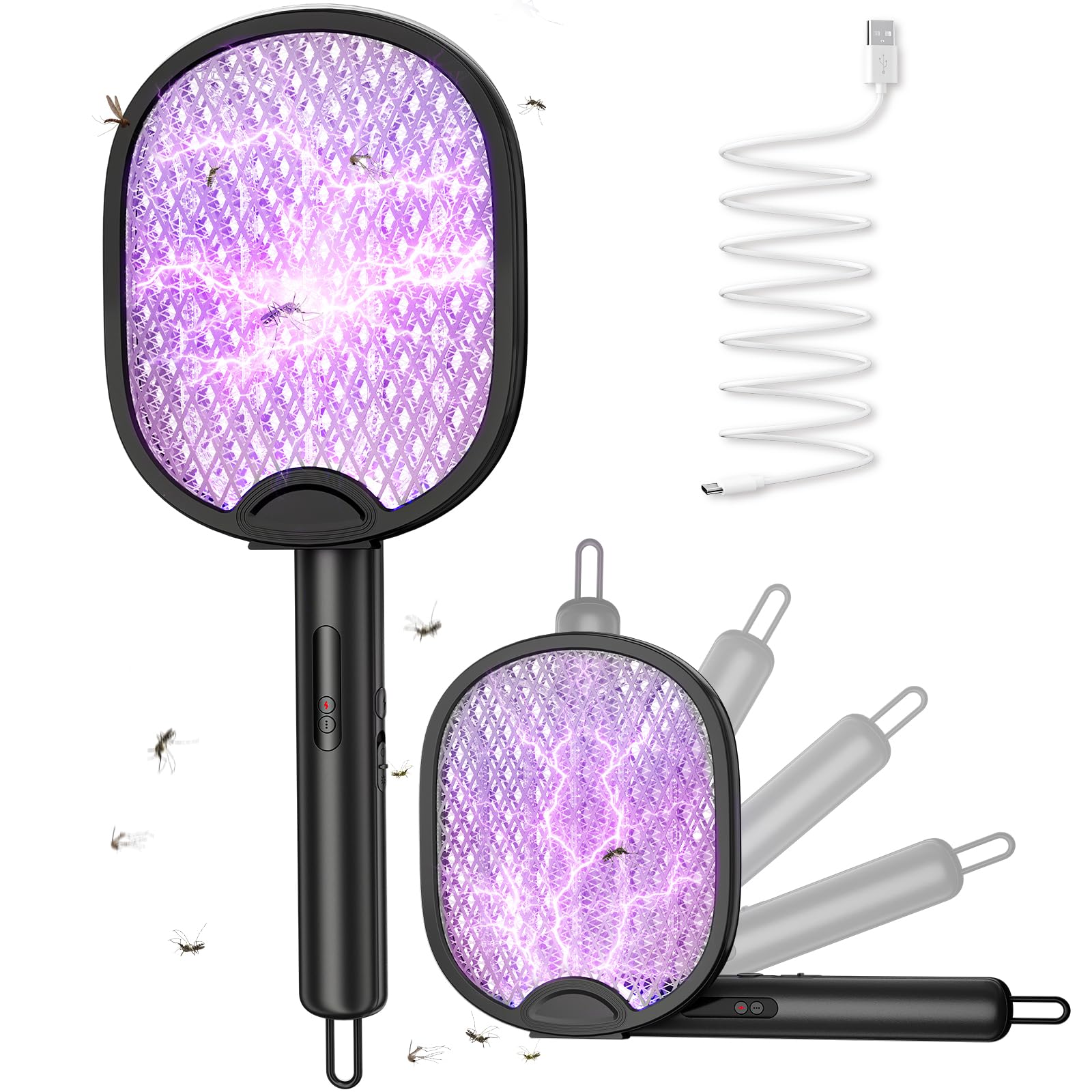 WOCVRYY Elektrische Fliegenklatsche Extra Stark 4000V 1800mAh 3 in 1 Akku Aufladbar Elektro Mückenklatsche mit USB-C Wiederaufladbarer LED-Licht Zusammenklappbar für Indoor Gärten Schwarz