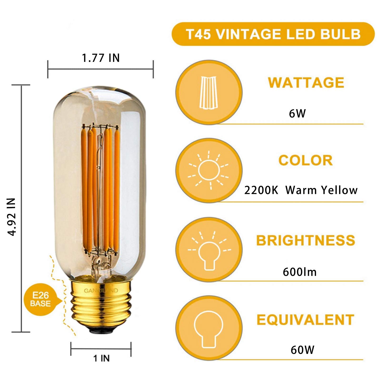 Ampoule tubulaire LED E26 6W 2200k jaune chaud, style Edison antique, verre brun T45, ampoules à filament LED à intensité variable, 360 degrés ; Angle faisceau, paquet 6
