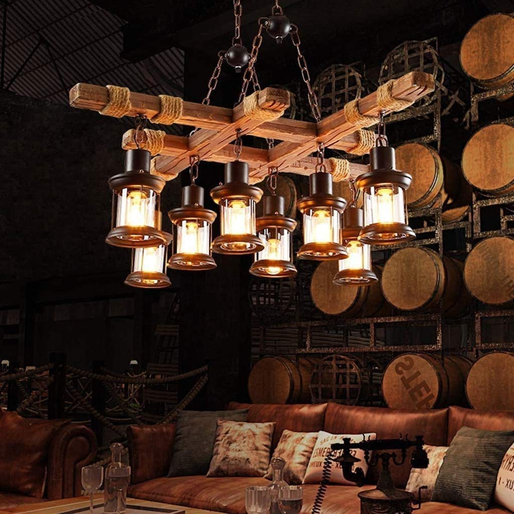Retro Lampara Techo Plafón LED Estilo Vintage Industrial Steampunk Madera Colgantes Ligero Araña Plafones De Época 8 Luces,Bar Loft Casa Campo Sala De Lampara Vidrio Rustico Metaledison Ceiling