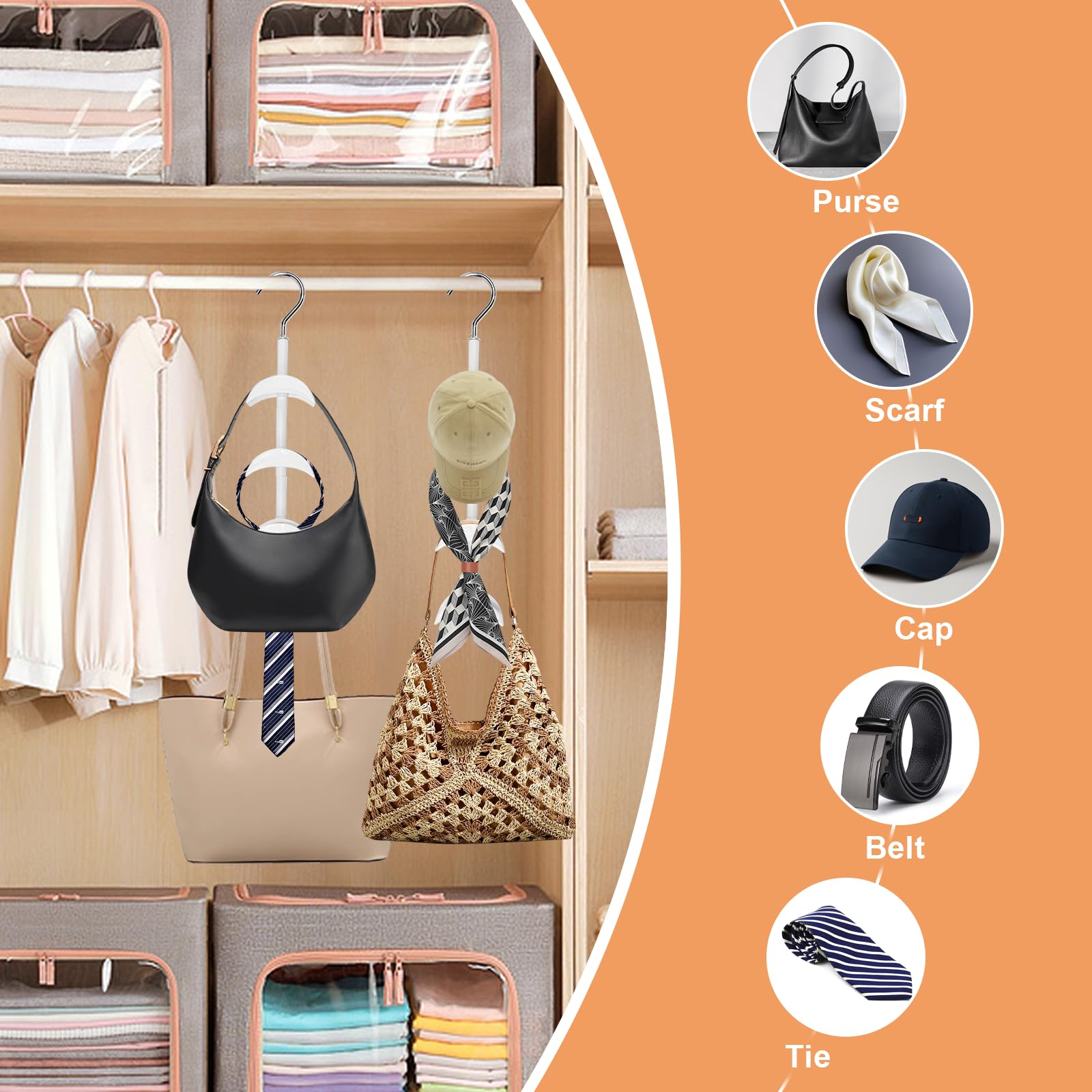 2 Pz Porta Borse da Armadio,Gancio Rotante a 360 Gradi da Appendere per Borsa,Organizer da Appendere per Borsa,Appendi Borse da Armadio per Cravatte, Sciarpe, Panni (Bianco)