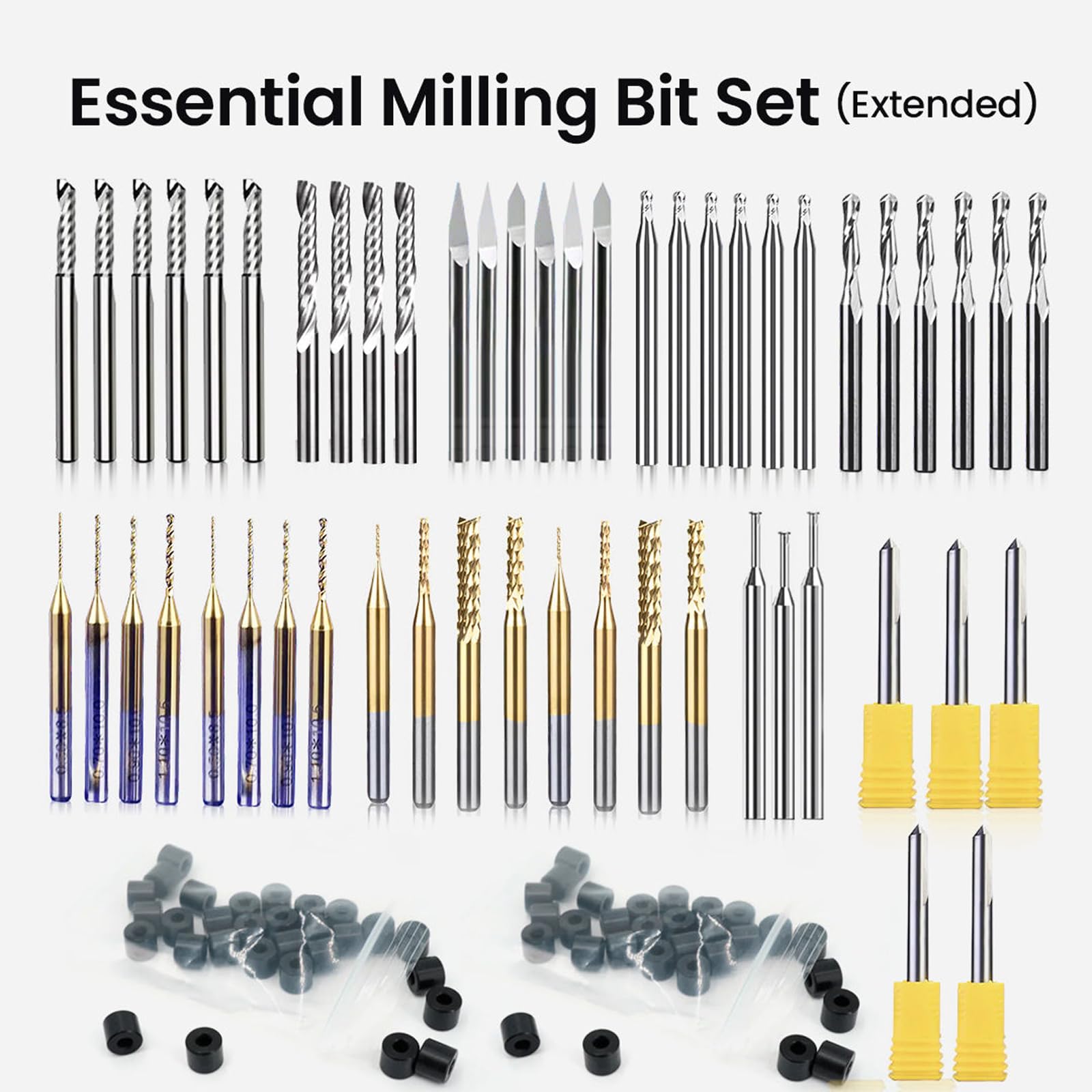 Essentielles Fräs-Bit-Set mit 3,175 mm Schaft, verlängert, 0,3 cm (1/8 Zoll), für CNC-Fräsen, Schnitzen, Holzbearbeitung, Detailschnitzen, Trimmen, V-Nut, Gravur, Schlitz, Einstecken, 52 Stück