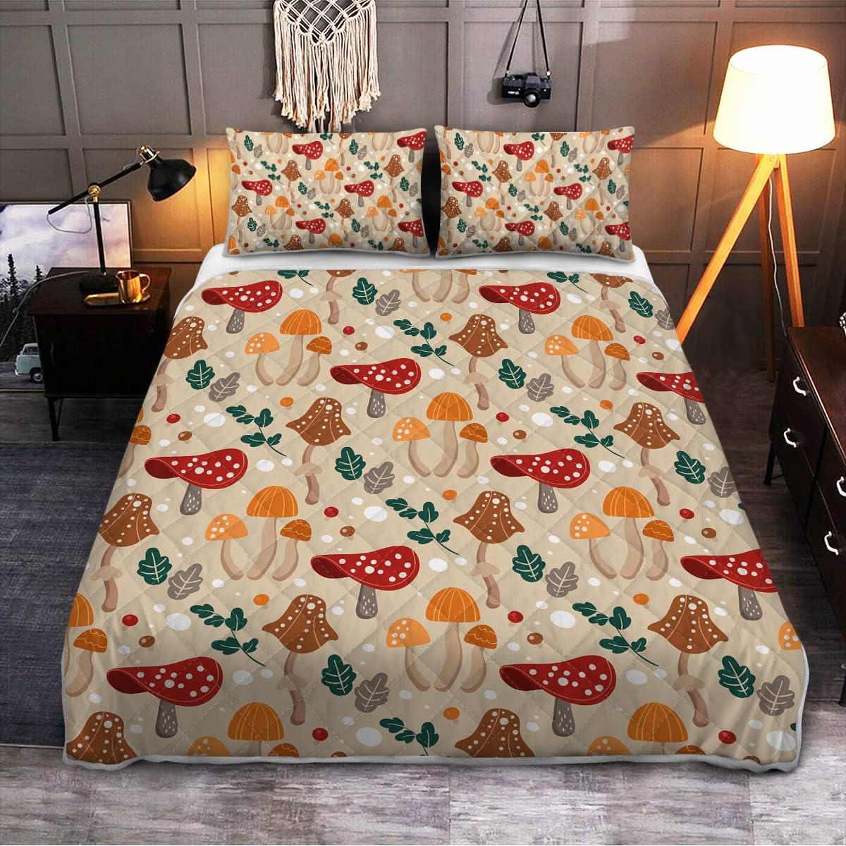 SOULZZZ Cute Mushroom Quilt Set for Girls Forest Green Leaf