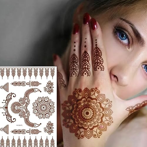 Calcomanías de tatuaje de henna con flores marrones, impermeables, temporales, calcomanías de tatuaje indio Diwali, calcomanías para decoración de