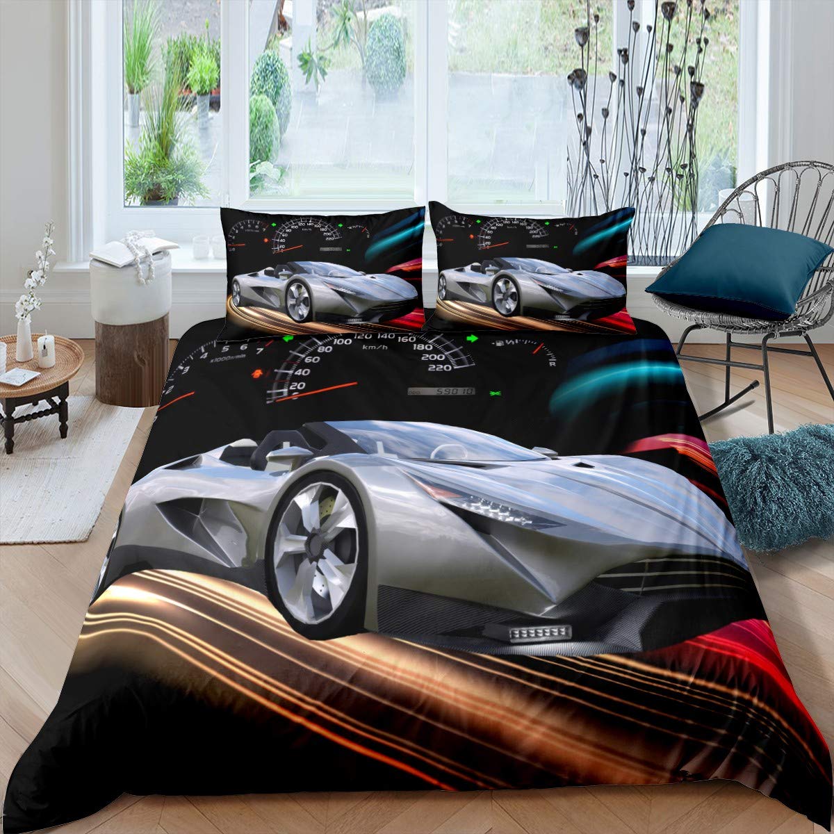 3D Car Bedding Set Silver Sports Car Duvet Cover for Kids Boys Girls Speed Racing Supercar Comforter Cover Cool Automobile Style Bedspread Cover Bedroom Collection 3Pcs Double Size — image 1
