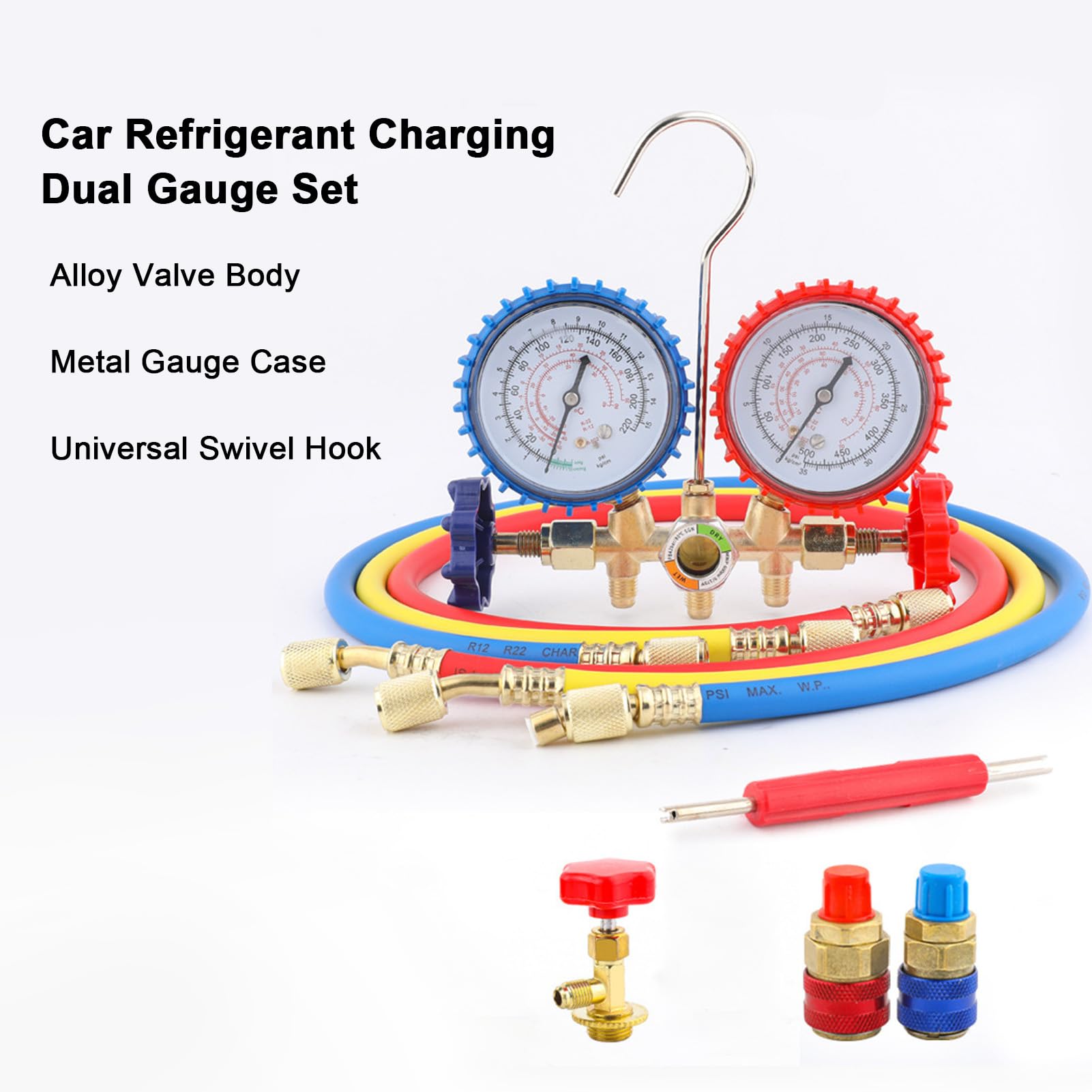Fafeicy Juego de Manómetro de Colector de CA Kit de Manómetro Doble para R134a R22 R12 R502 con Mangueras de Carga Herramienta de Carga de Refrigerante HVAC Conector SAE 1/4 Uso D