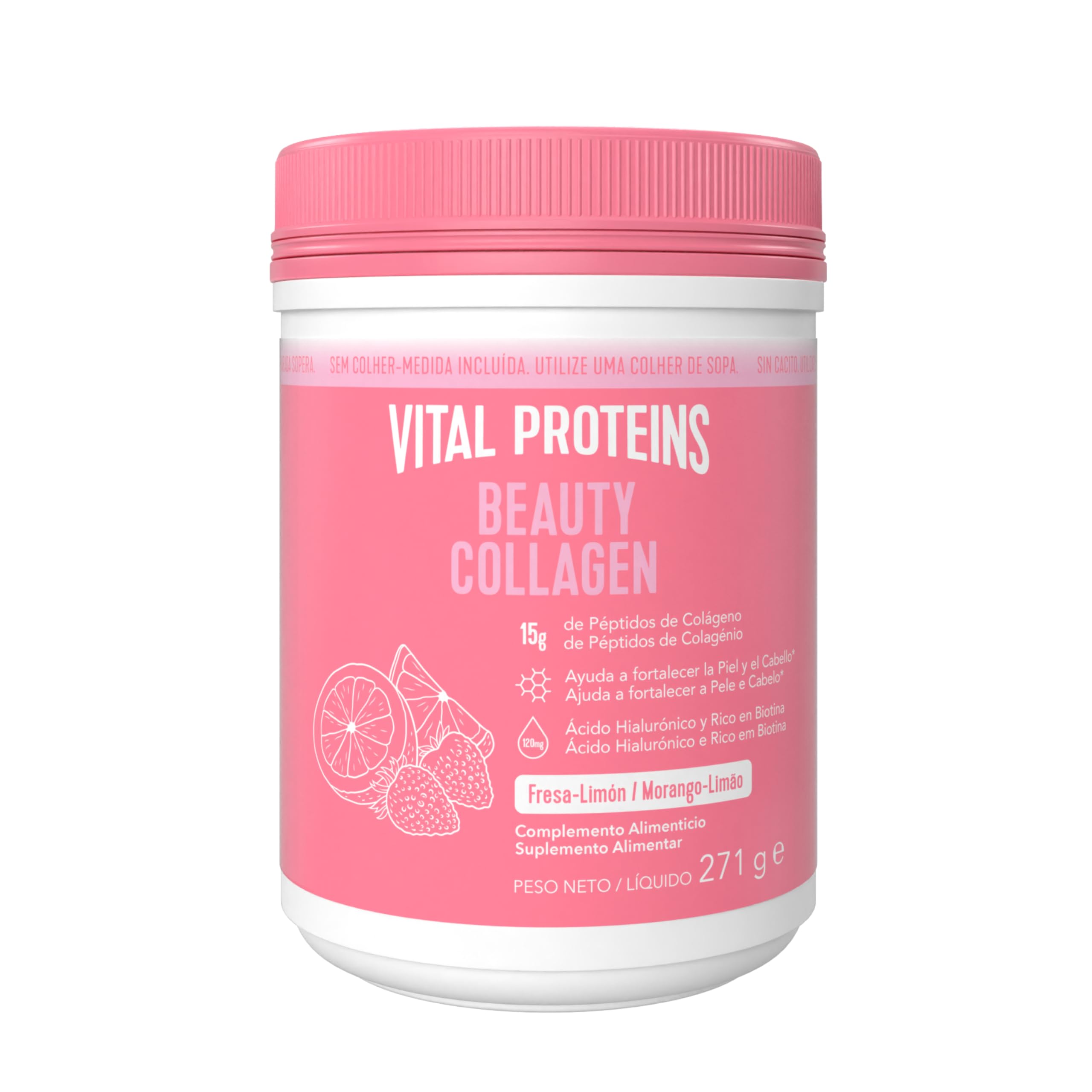 Vital Proteins Beauty Collagen en Polvo 271 g, Péptidos de Colágeno Hidrolizado, Ácido Hialurónico, Rico en Biotina. Suplemento alimenticio para la Piel, Cabello y Uñas. Sabor Fresa-​Limón.