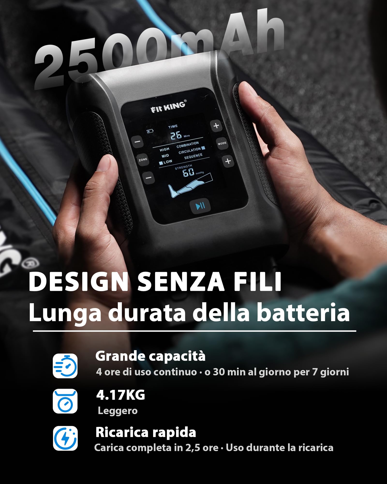 FIT KING Massaggiatore Gambe a Compressione d‘Aria Ricaricabile Senza Fili, Massaggio con 4 Zone Regolabili, 3 Modalità e 12 Intensità, Ideale per Recupero Sportivo e Relax Quotidiano (Medio)