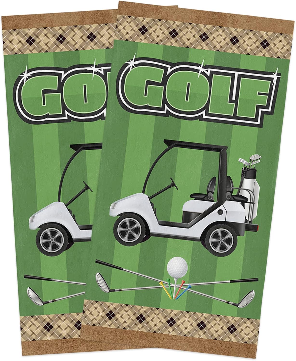 2 Pack Dish Towel for Kitchen,Absorbent Dishes Cloth Vintage Golf Car Soft Hand Towels for Home Cleaning Quick Drying Bathroom Cloths Terry Outdoor Sport Course Striped Retro Lattice