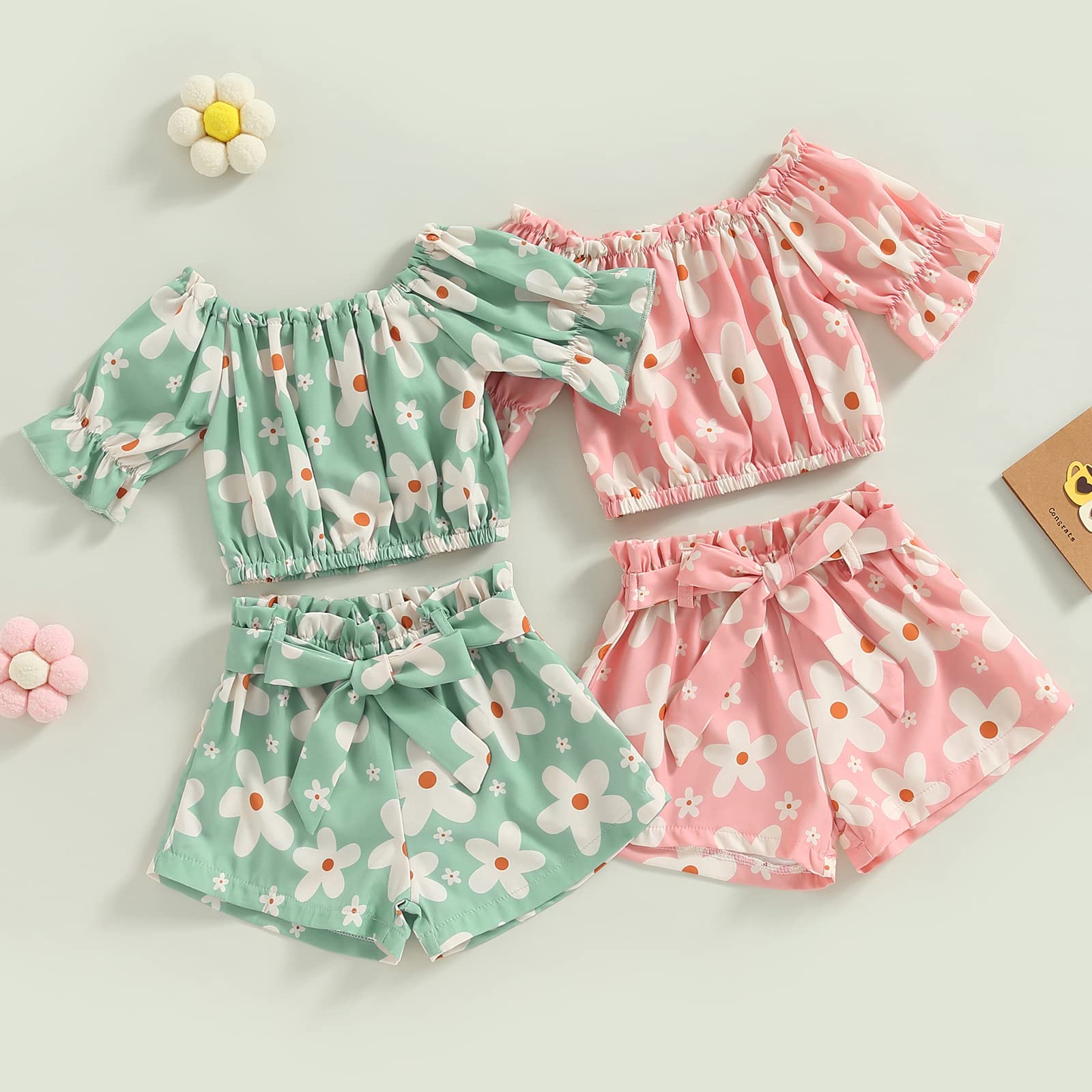 Little Girl Floral Clothes Short Sleeve Button-Down Dress Shirt +Flower Elastic Shorts Pant Summer 2PCS Outfits Set (Flower-Green, 12-18 Months)