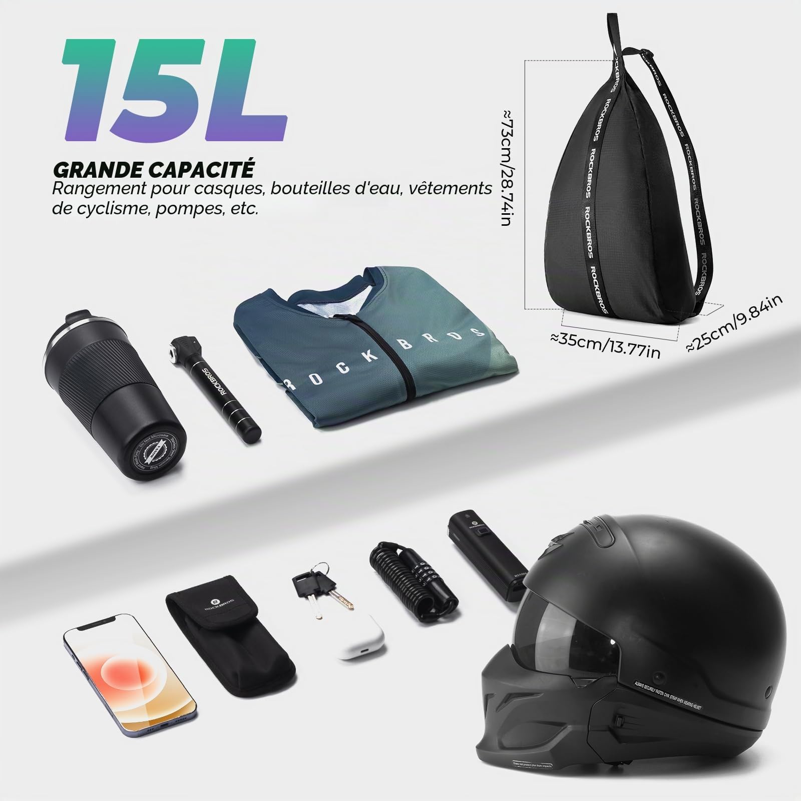 ROCKBROS Sac de Casque de Moto 15L Sac à Bandoulière Portable Sangle Épaule Réglable 63-105cm Porte Casque Crochet Poche Filet Intégré Logo Réfléchissant pour Casque de Moto Vélo Basketball Noir | Sac à dos de casque 15 l réfléchissant portable pour casqu