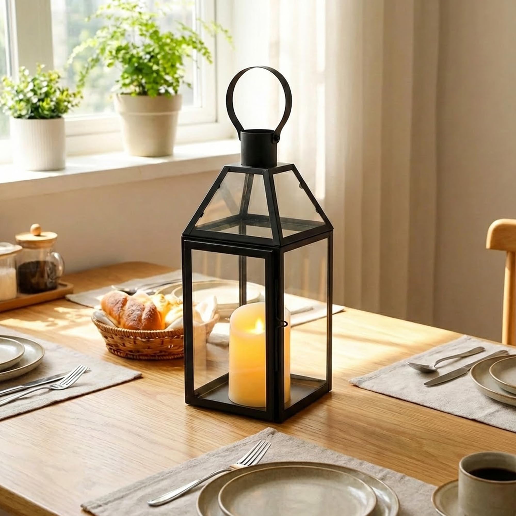 Jhy Design Black Candle Lantern 34Cm High Stainless Steel Garden Lanterns With Tempered Glass For Indoor Outdoor Events Parities And Weddings