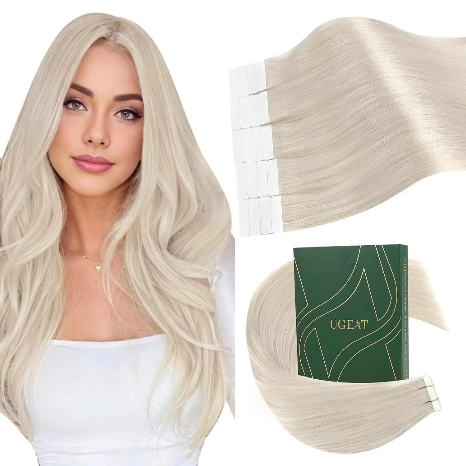 Ugeat 24 Inch Tape in Hair Extensions Blonde Tape in Hair Extensions Human Hair Blonde Soft and Smooth Hair Extension Tapes in for Long Hair 50G 20Pcs