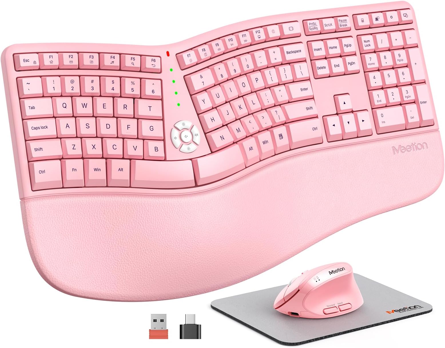 MEETION Ergonomic Wirelesyboard and Mouse, Split Arch Keyboard with Cushioned Wrist Palm Rest, Ergo Verticouse, Natping Full Size Rechargeable, Windows/Mac Pink