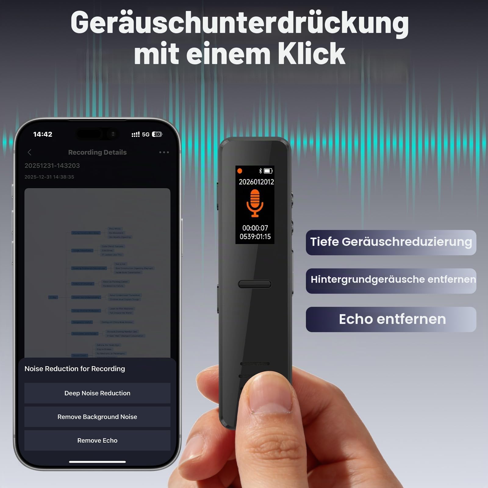 NEWYES KI Digitales Diktiergerät aufnahmegerät mit transkription spracherkennung zusammenfassung Rauschunterdrückung 64GB mini klein Audio Digitale Geeignet für Büroarbeit und Geschäftsreisen