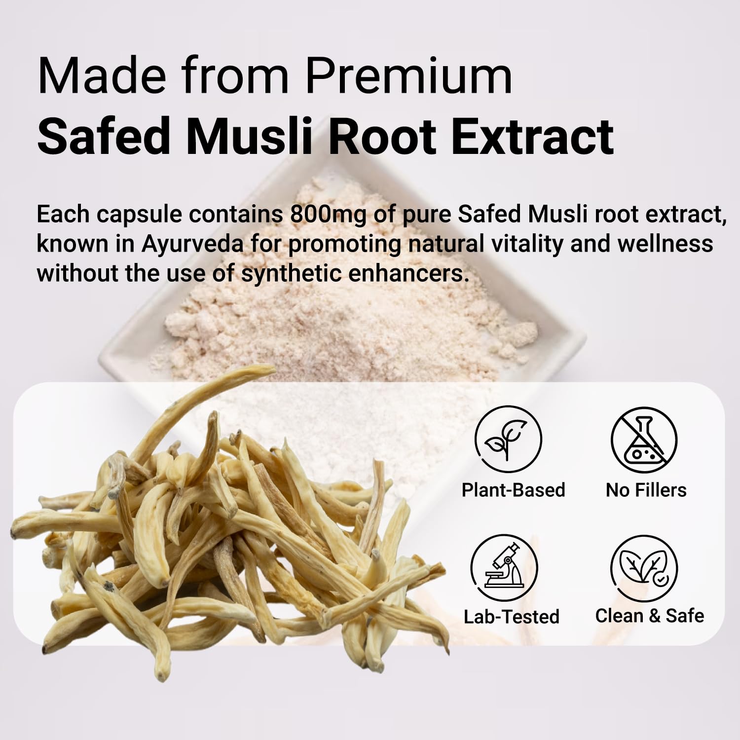 NUTRI HERBS Safed Musli Extract Capsules 800mg – Supplement for Men's Muscle Strength, Stamina, Energy, and Immunity – Organic Safed Musli Root (30 Capsules) — Amazon image 6