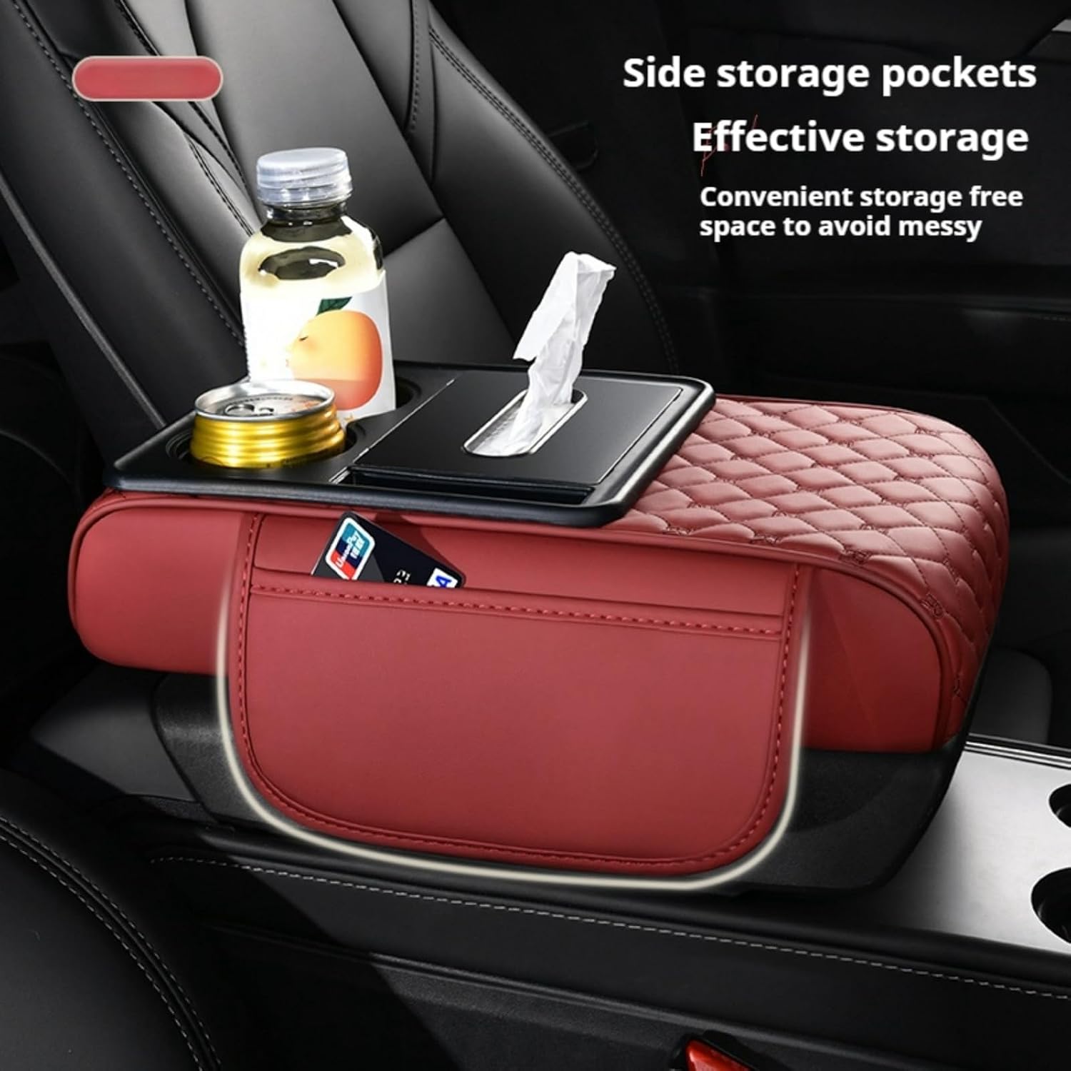 5-In-1 Center Console Cover Organizer with Cup Holder, Storage Pocket, Tissue Box, Armrest Cover Cushion Pad for Car, Grid, Black