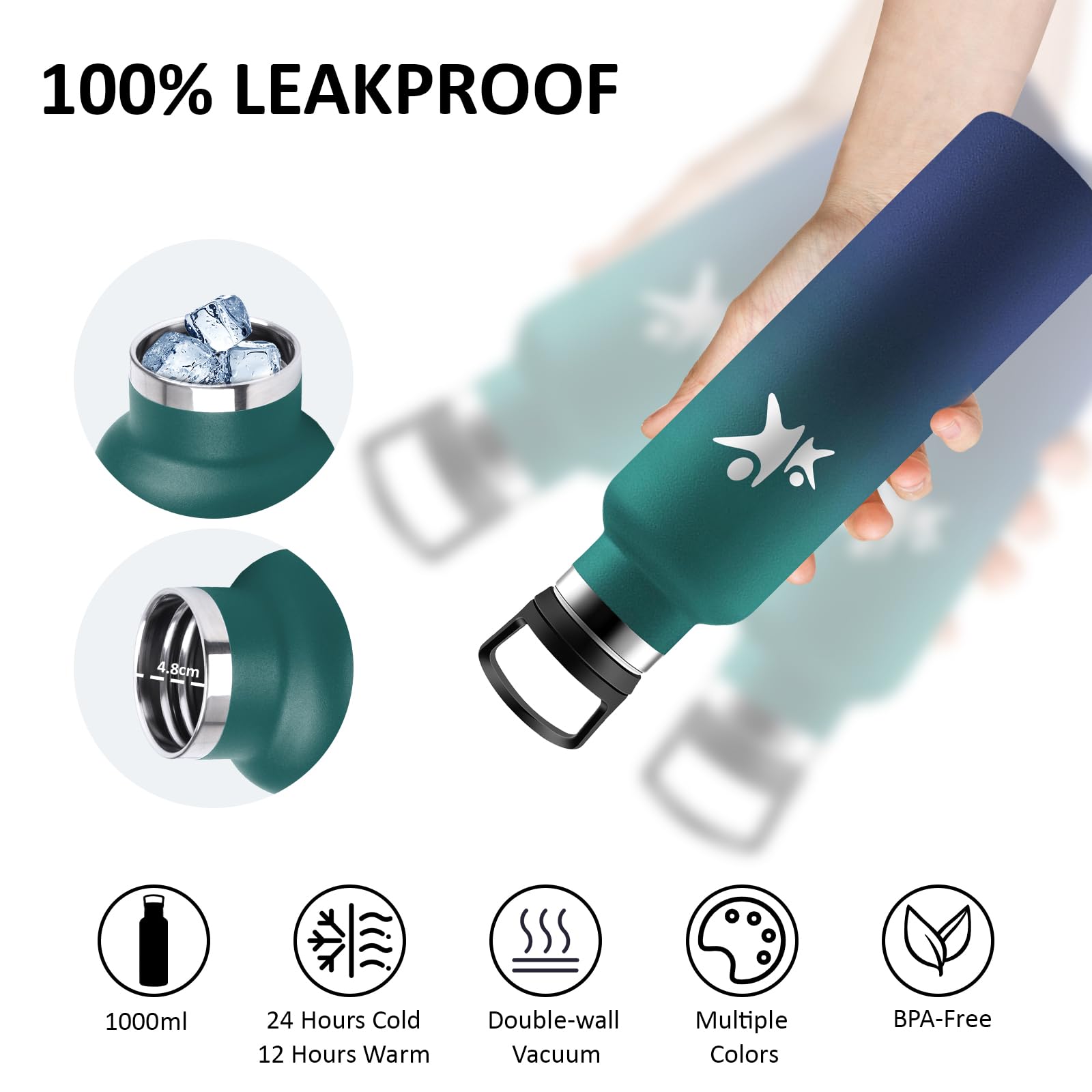 Borraccia Termica, Borraccia 1 litro, Senza BPA, Borracce con Cannuccia, Senza Perdite, Borraccie Acciaio Inox, Borracce Termiche, Acciaio Inossidabile 18/8, per Campeggio, Fitness, Viaggio, Yoga
