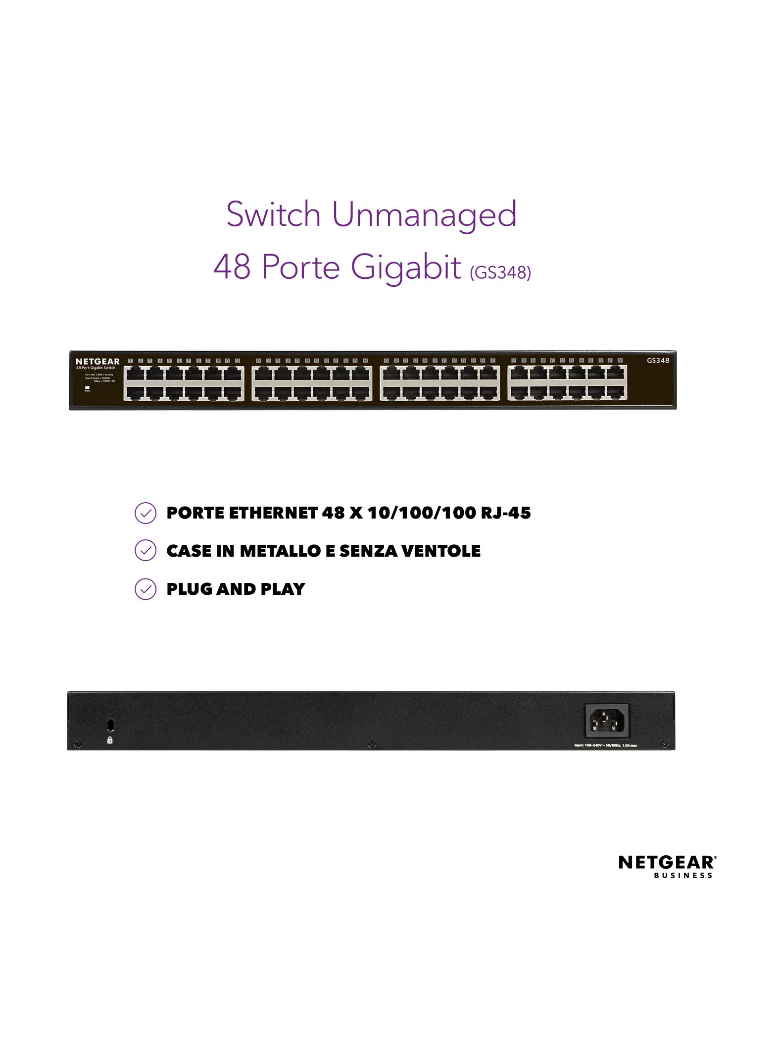 NETGEAR Switch Ethernet 48 Porte Unmanaged GS348, Switch Gigabit con Opzioni di Montaggio Desktop o a Parete, Funzionamento Silenzioso