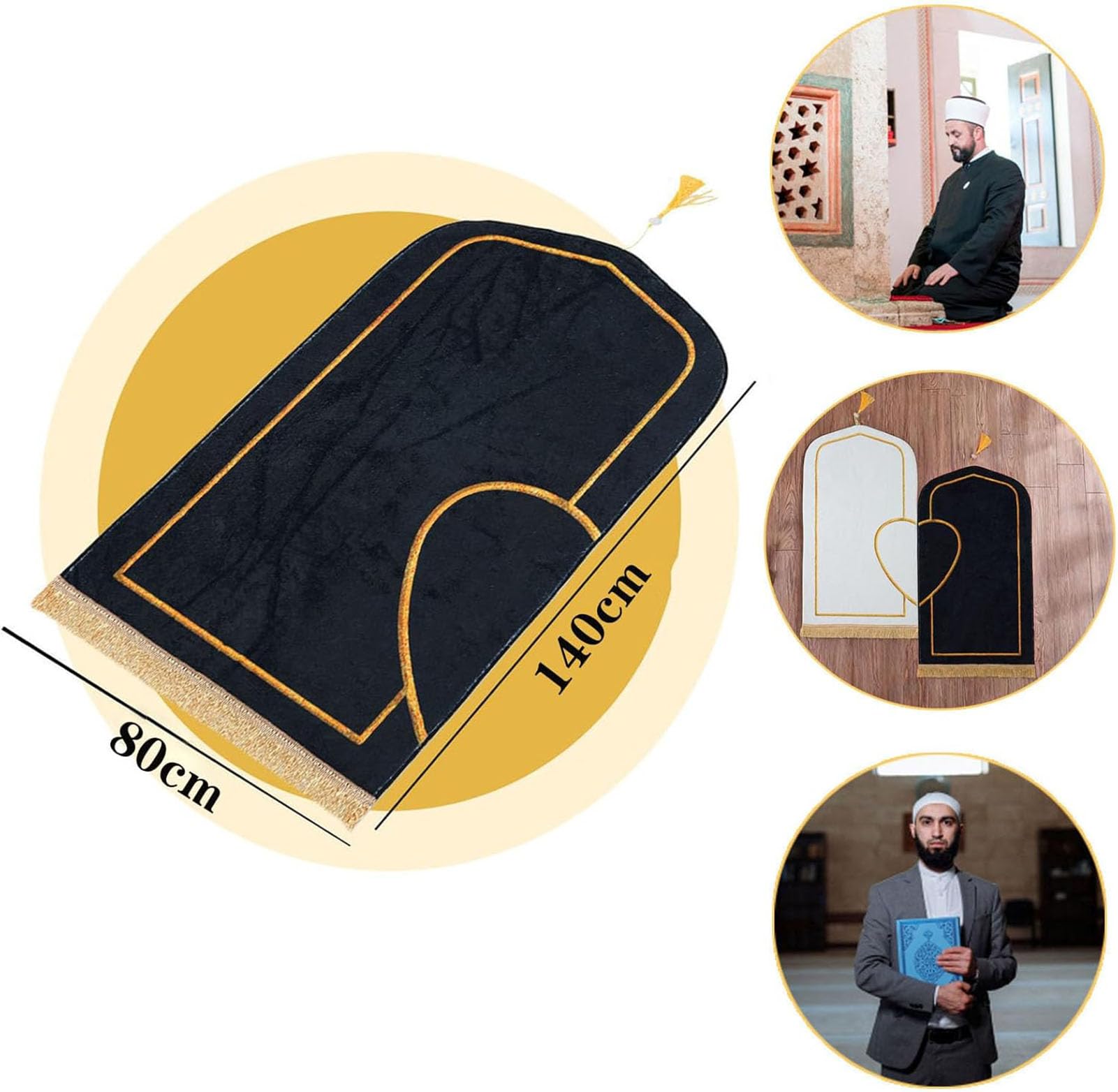 Ensemble de tapis de prière musulmane épais et doux en imitation cachemire pour couples, Ramadan, Aïd, Bayram, cadeau islamique (noir blanc, 80 x 140 cm)