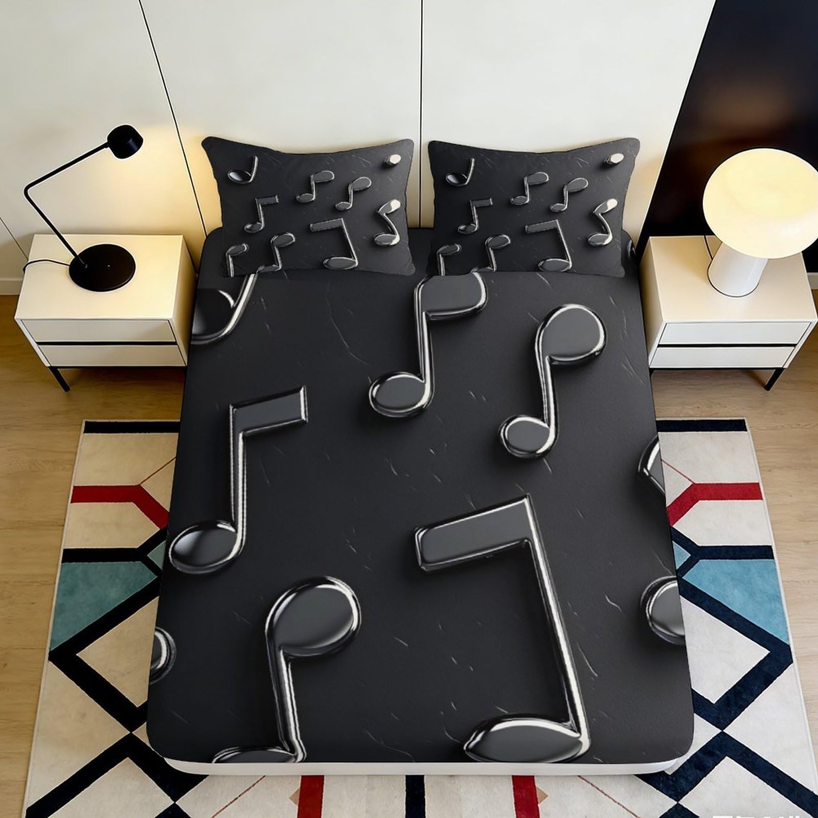 3D Printed Black Music Notes Fitted Sheet Microfiber Soft Breathable Musical Symbols Bed Cover for Bedroom Dormitory Guest Room Mattress Protection 180x200x25cm