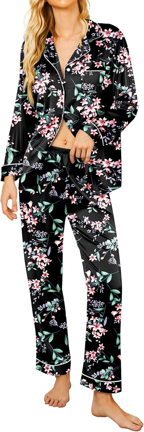 Ekouaer Silk Satin Pajamas Women's Long Sleeve Pj Set Soft Button Down 2 Piece Sleepwear Loungewear S-XXL