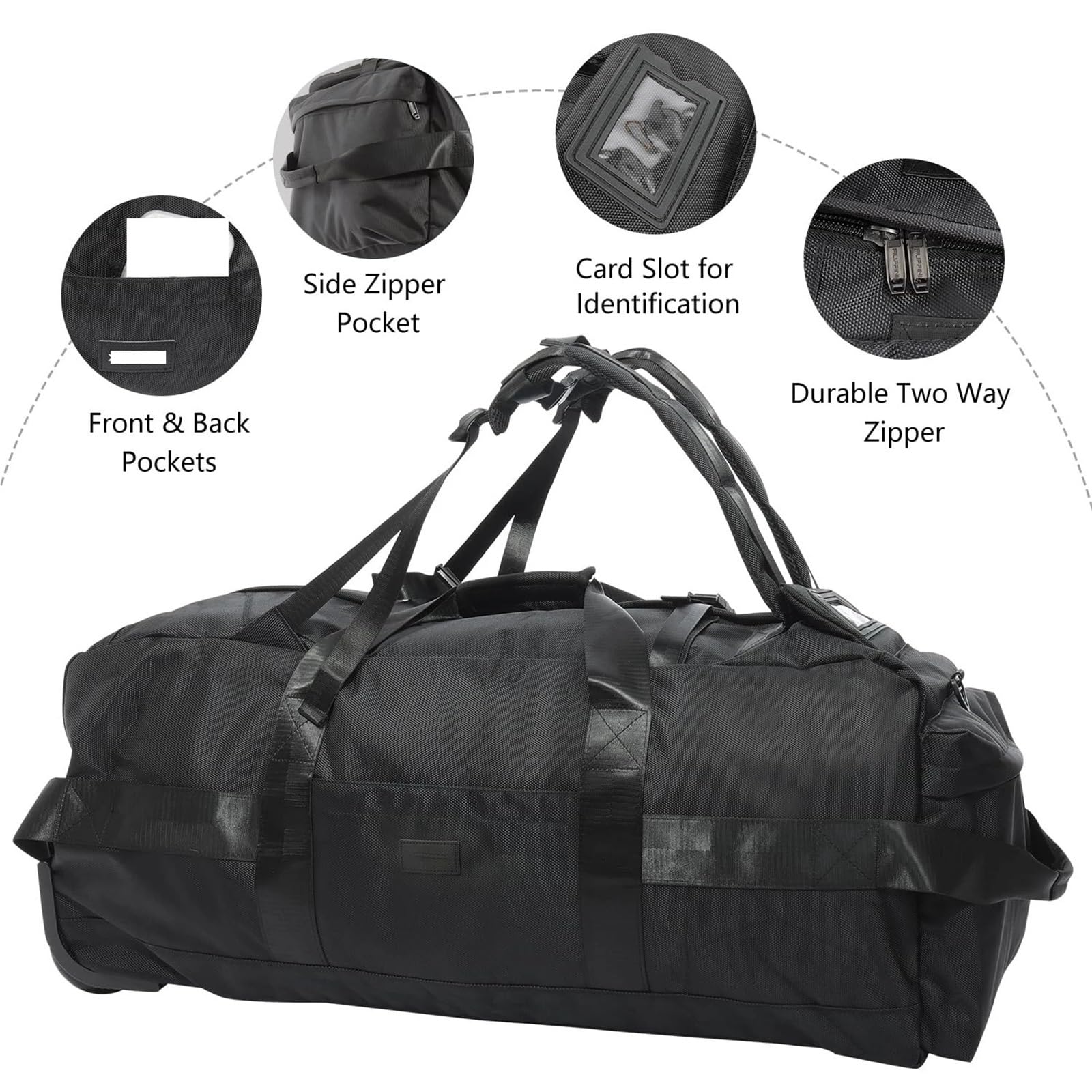 Borsone con Ruote Borsone da viaggio pieghevole 80 litri con ruote, resistente all'acqua, 31", tracolla(Black)