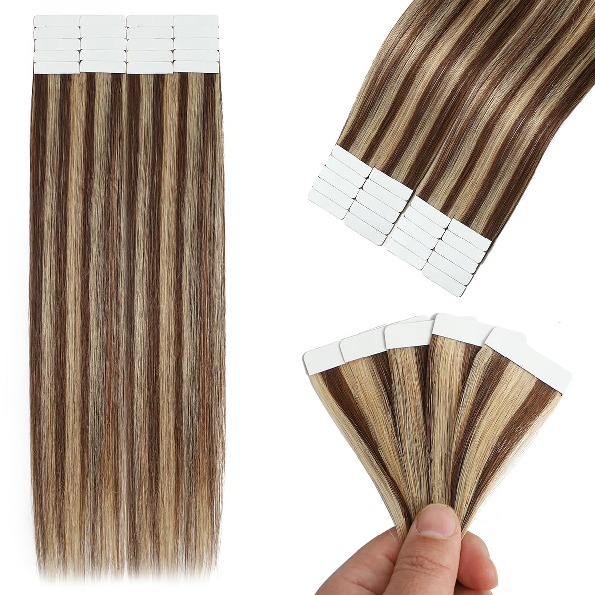 Doczepiane włosy na taśmie, prawdziwe włosy, blond, pasemka średniobrązowe, gładkie włosy Remy, z taśmą, 20 sztuk, 50 g, 40 cm