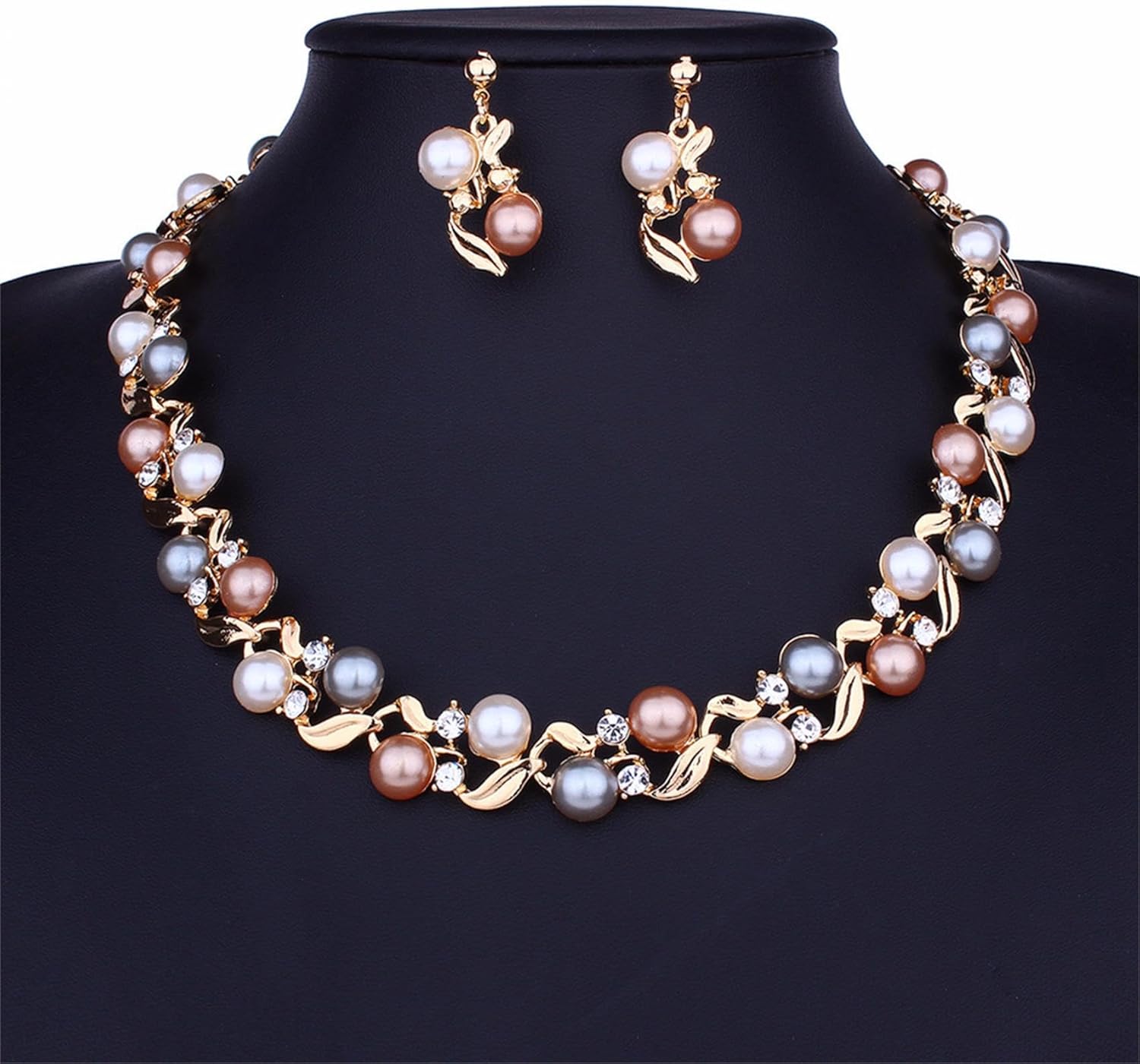 GIGB PBDK Crystal Pearl Earrings Necklace Set for Women,Boho Vintage Layered Rhinestone Beaded Collarbone Choker,Gold Pearl Dangle Earrings Wedding Jewelry Gift - Image 4