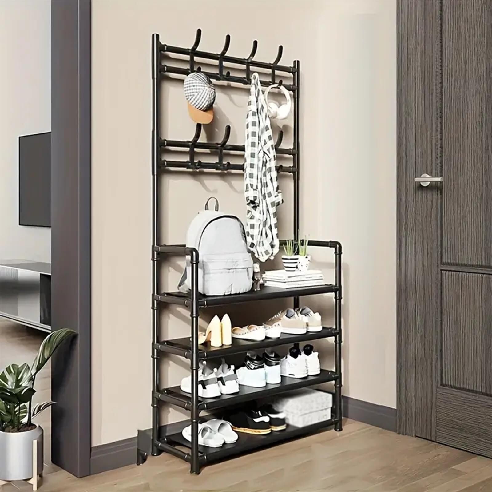 LWJSOCP 4-in-1 Metal Coat Rack with Shoe Bench - Rustic Farmhouse Hall Tree with Hooks & Storage - Entryway nizer - Black 84cm - Ideal for Entryway & Hallway Decor