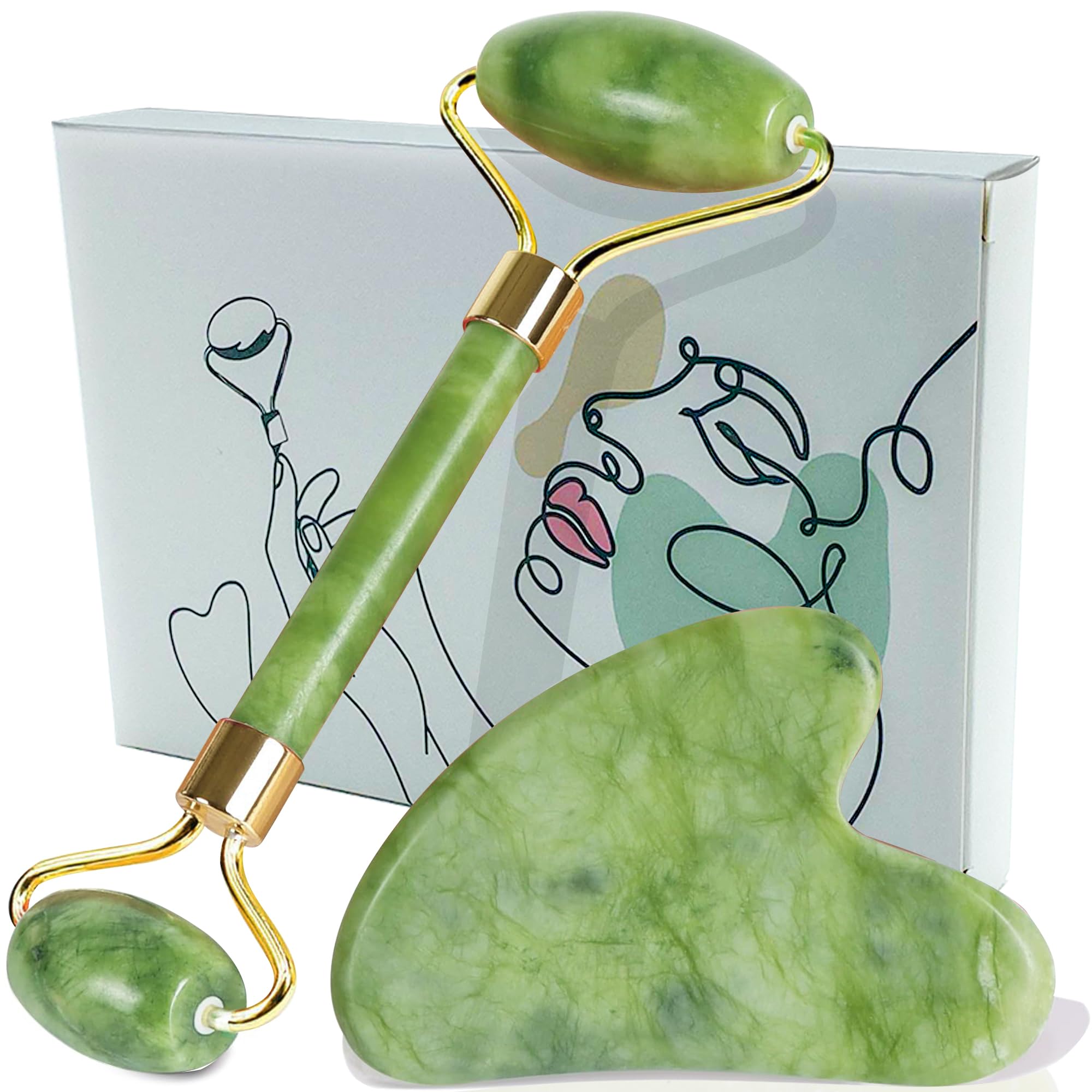 Set Massage Facial Rouleau De Jade Et Gua Sha - Outils De Soin Anti-âge Neufs