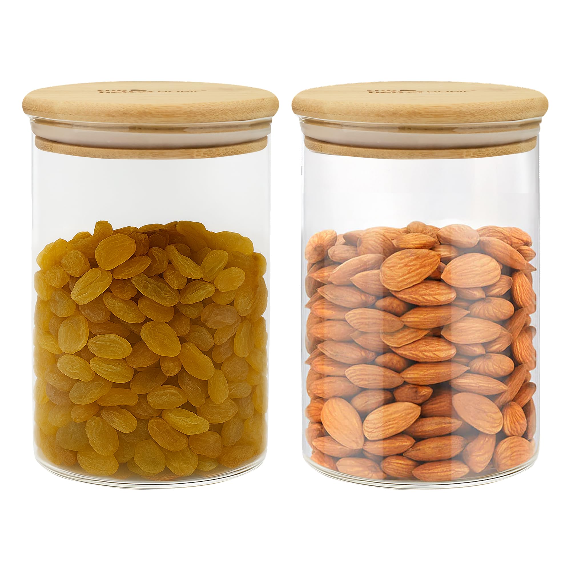 Pack of 2 Borosilicate Glass Jars with Bamboo Lid I Transparent Airtight Borosilicate Kitchen Containers Set | Glass Jars for Cookies Snacks Dry Fruits Nuts Pulses | 600 ml Each