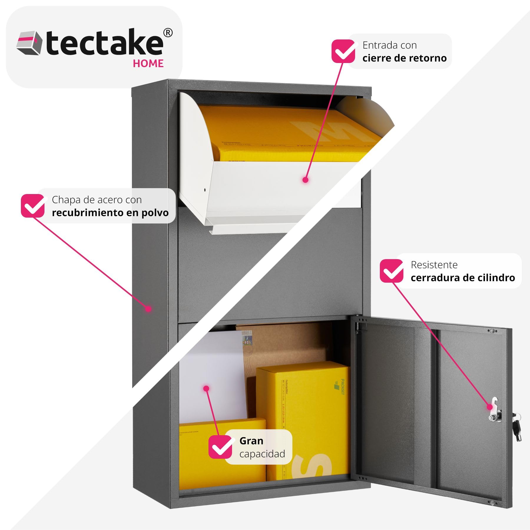 tectake® Buzón Exterior XXL, Buzón para Paquetes y Cartas, Cerradura de Cilindro Antirrobo con 2 llaves, Buzón Correos Premontado, Chapa de Acero, Robusto, Espacioso, 44x22x82 cm, Entrega sin Contacto