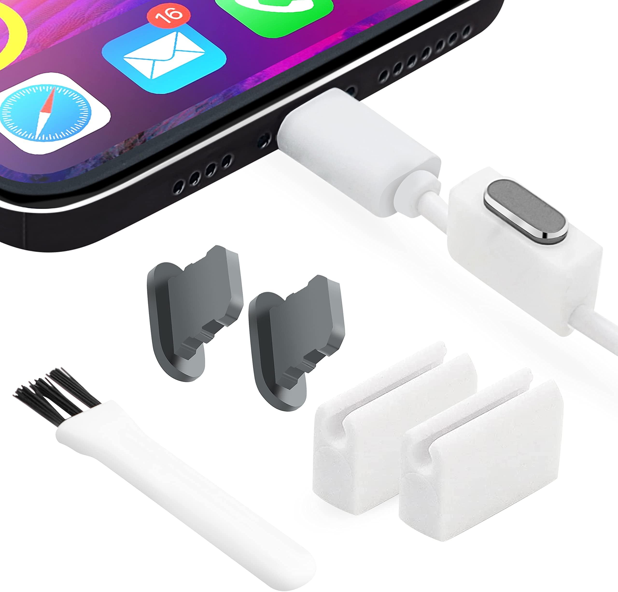 PortPlugs Dust Plugs - Aluminum Build with Holder & Cleaning Brush for iPhone 14-7, Plus, Max, Pro, iPad & Lightning Ports | Gun Metal (2 Pack)