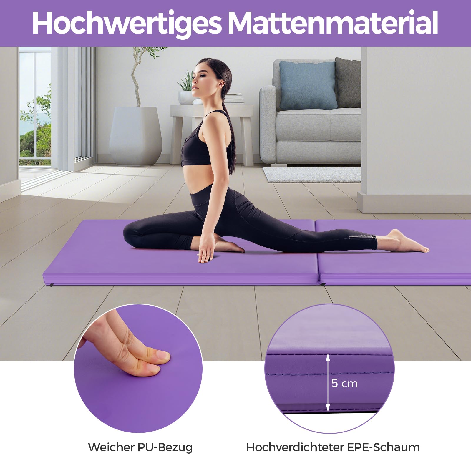 COSTWAY 180x60x4cm Weichbodenmatte, 2 Fach klappbare Gymnastikmatte, Yogamatte mit Klettverschluss und 2 Tragegriffe, Klappmatte, Turnmatte für Gymnastik, Yoga, Fitness und Training