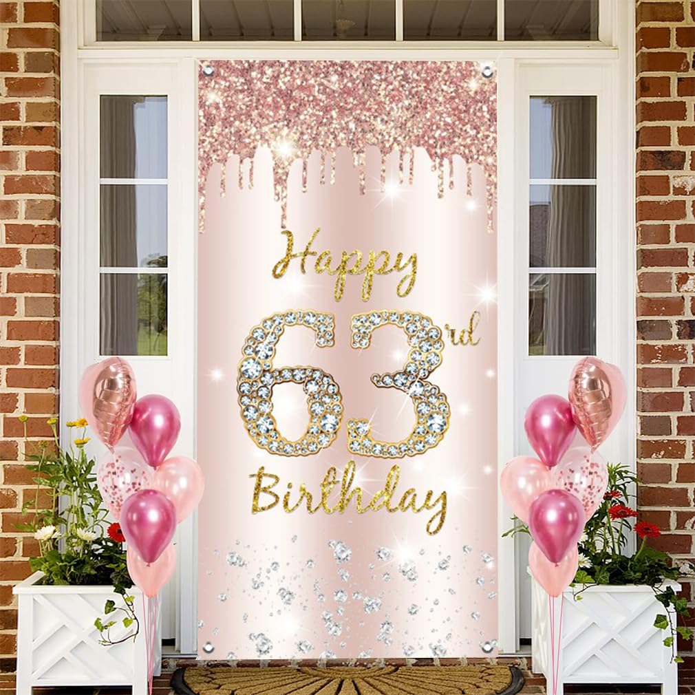 63. urodziny dekoracja damska, Happy 63rd Birthday Door Banner różowe złoto, 63. urodziny tkanina tabliczka plakat dekoracja drzwi, 63. urodziny tło baner damski, przyjęcie urodzinowe tabliczka