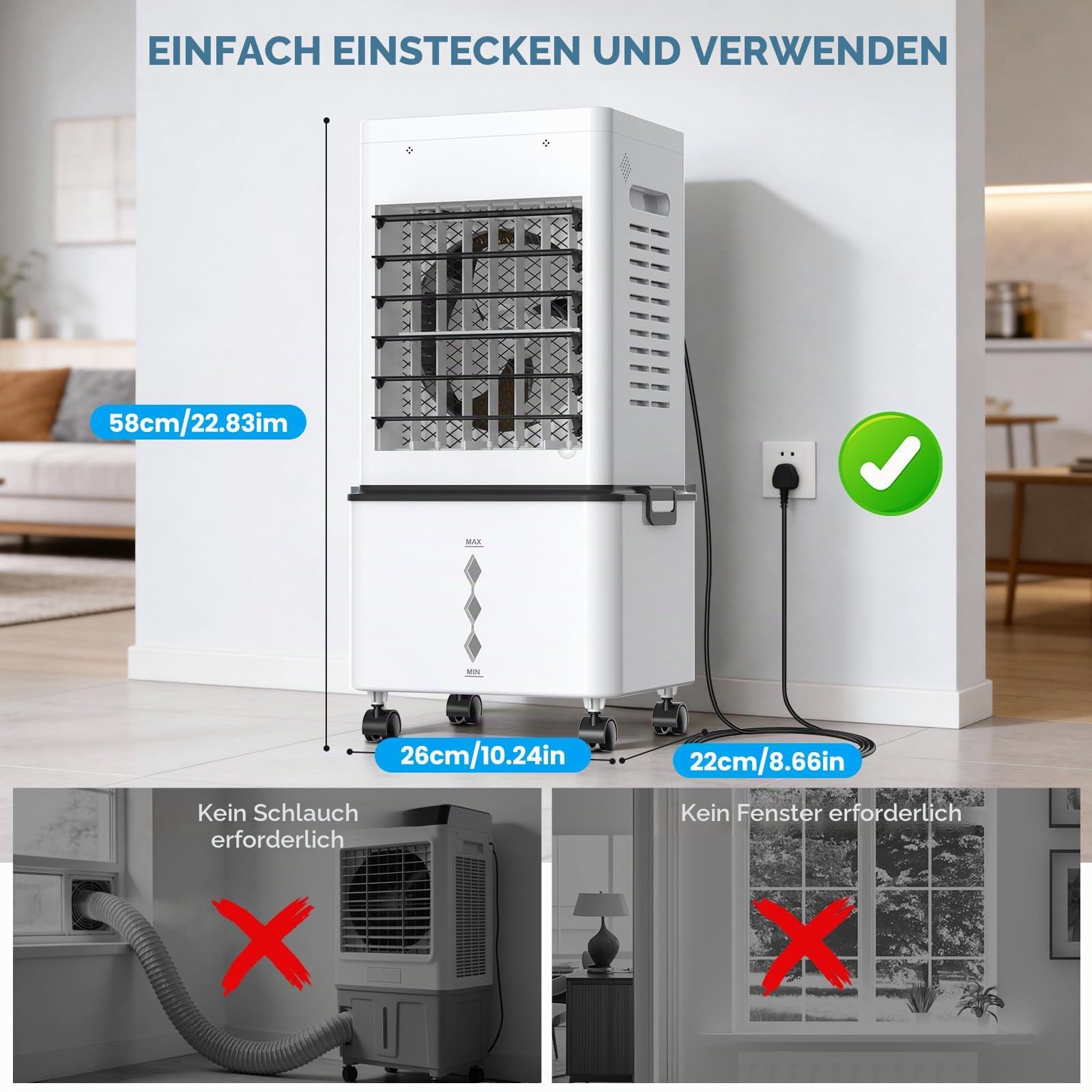 Mobile Klimaanlage, Luftkühler 12L Mobiles Klimagerät ohne Abluftschlauch, Verdunstungskühler mit Fernbedienung, 6 Stufen, 24H Timer, 40 dB Leise, Portable Air Conditioner Räume Büro Schlafzimmer