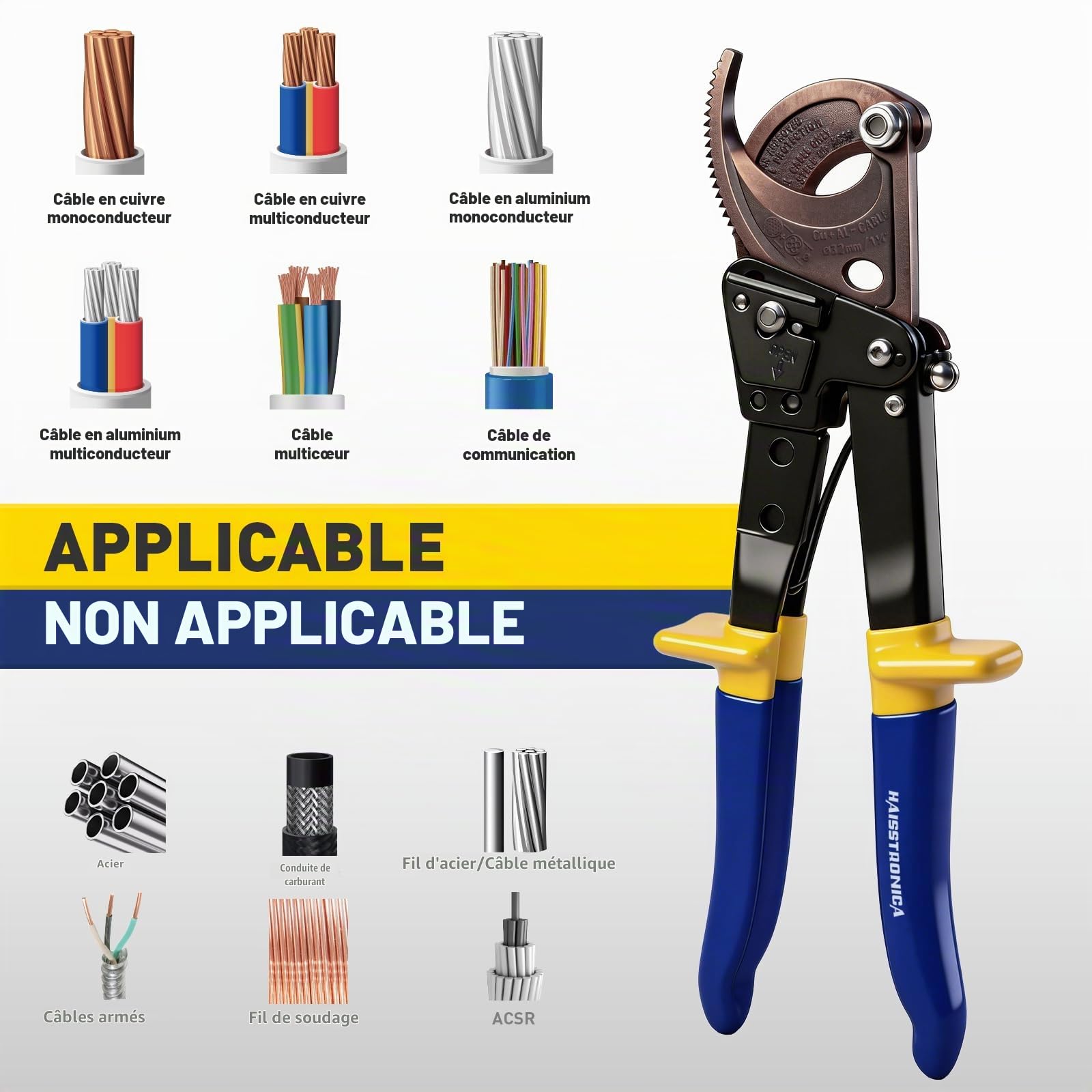 Haisstronica Coupe-câbles cliquet cuivre aluminium 500 kcmil