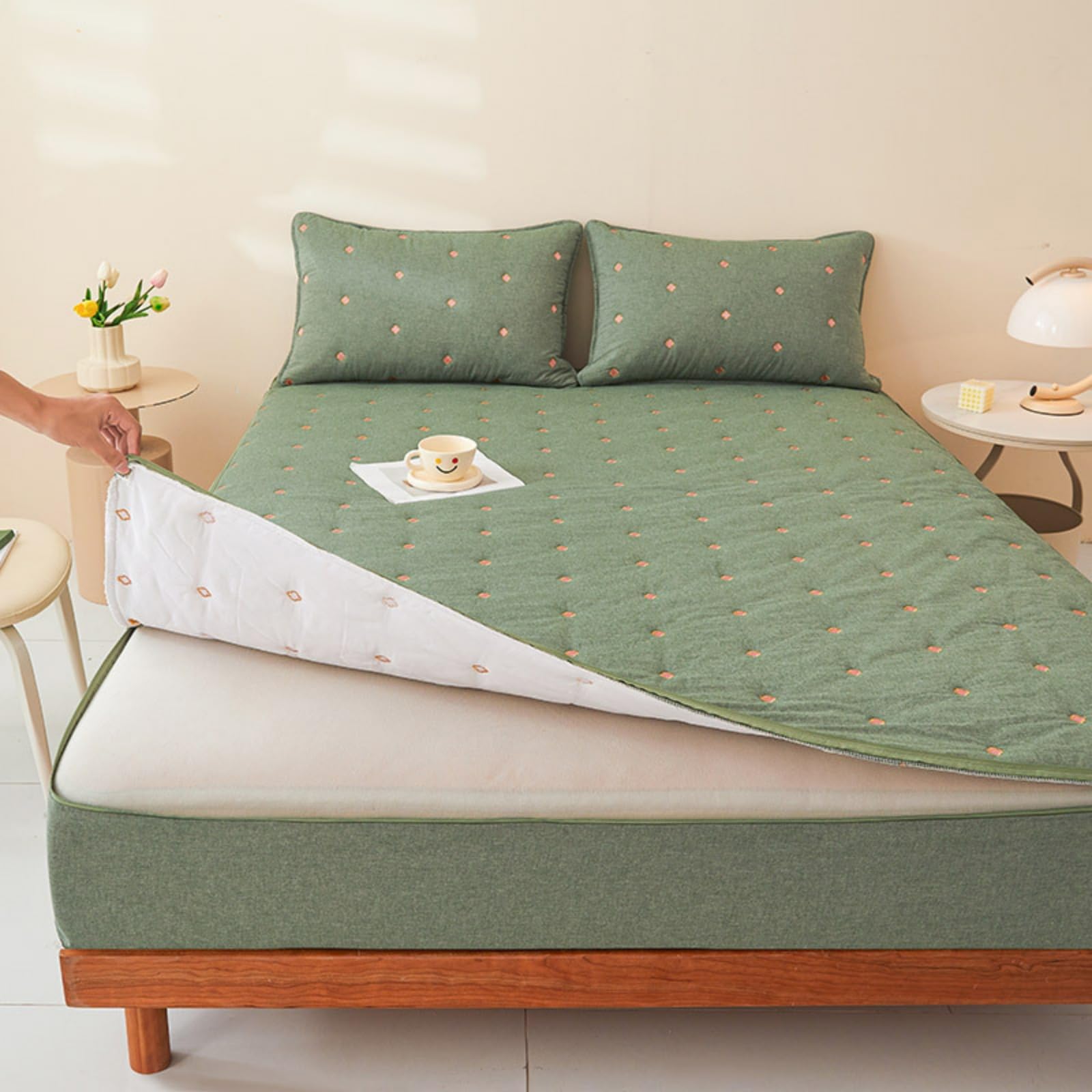 Morbuy Coprimaterasso Singolo Matrimoniale Impermeabile, Coprimaterasso Una Piazza e Mezza Antiacaro con Cerniera Morbida e Traspirante per Materassi Altezza 25cm (180x220+25cm,Verde salvia)