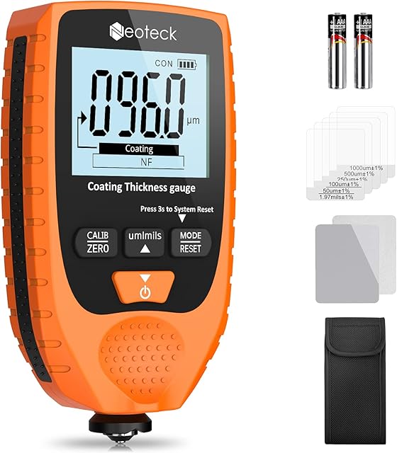 Neoteck Car Paint Coating Thickness Gauge Meter with Fe & NFe Probe and Blacklight LCD Display for Both Steel and Aluminum Base Metal Car 0-1500um Orange