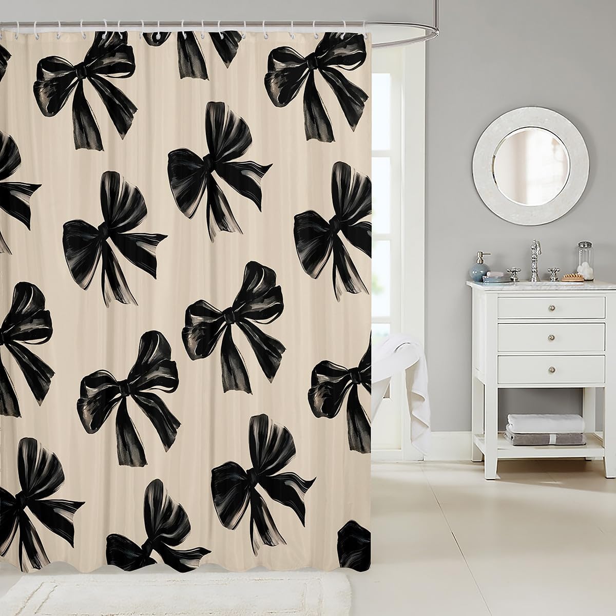 Erosebridal Bow Bathroom Curtain 72" Wx78 L Black Bow Tie Bath Curtains for Kids Teen Adults Room Decor,Watercolor Bowknot Shower Curtains Black White Simple Decor Curtain Sets