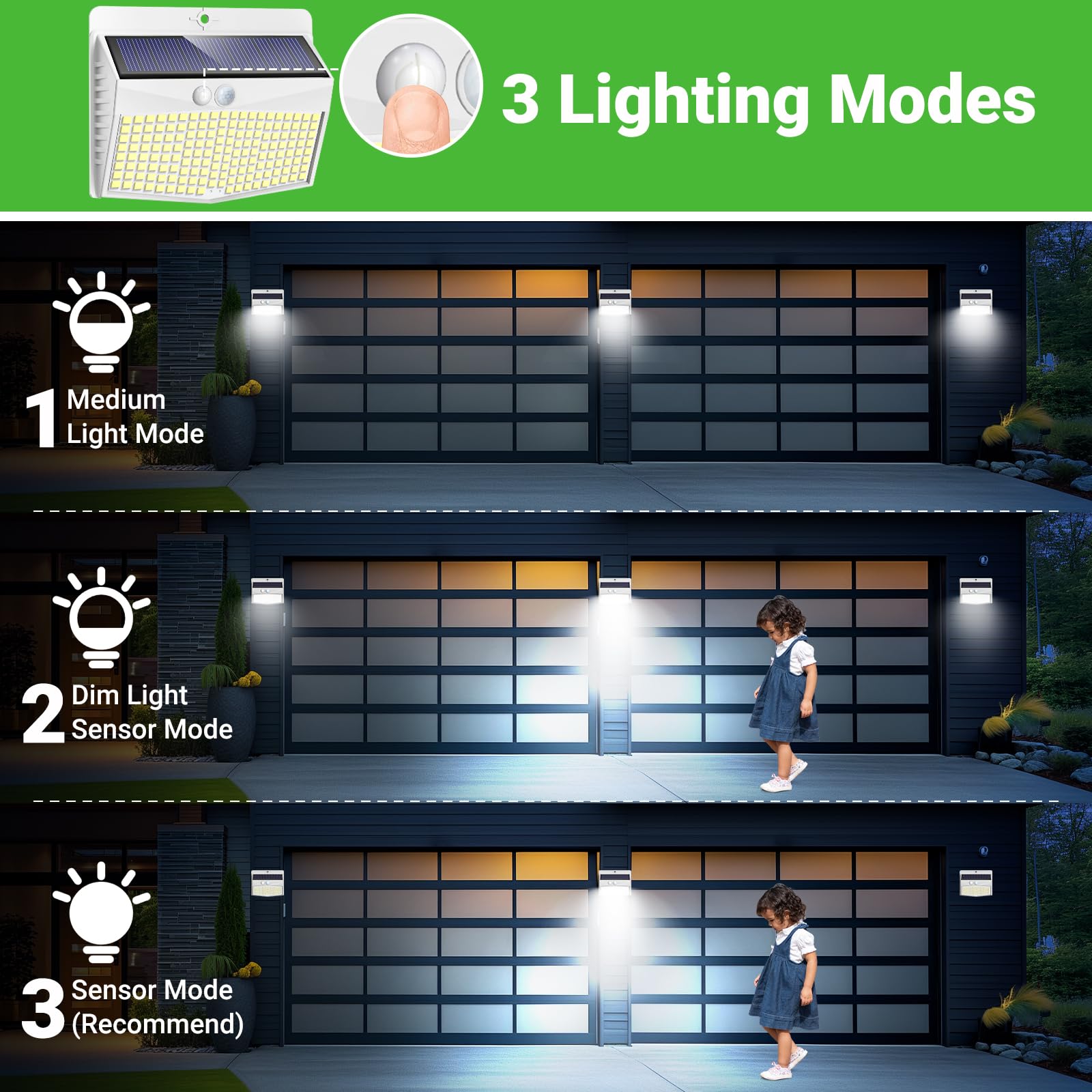 nifipy Luce Solare LED Esterno, 168LED Faretto LED da Esterno con Sensore di Movimento, IP65 Impermeabile Lampada Solare da Esterno, 3 Modos Luci Solari da Giardino, Parete-2 Pezzi/Cornice Bianca