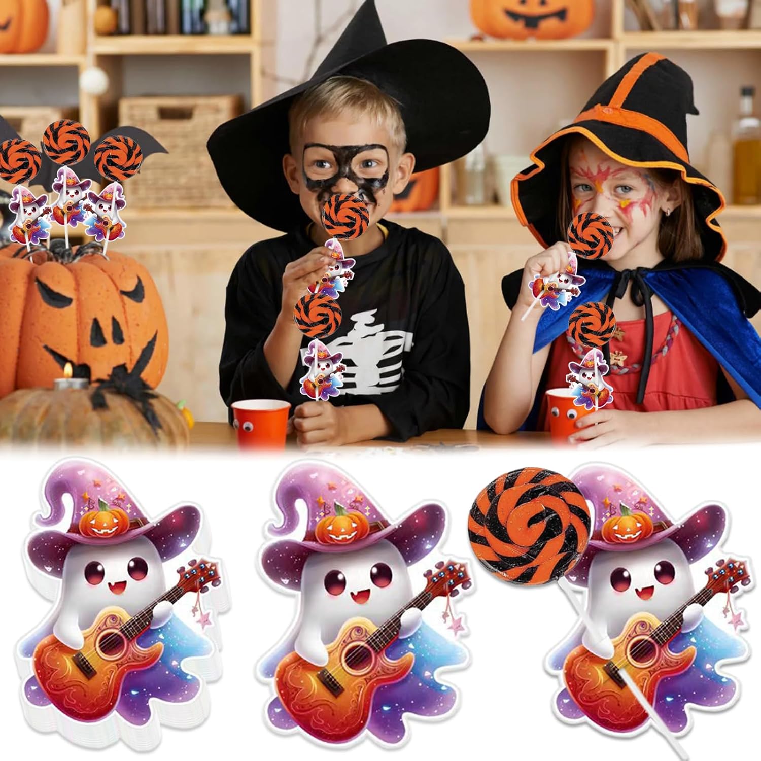 Ncozwo 100 Pcs Halloween Lollipop Paper Cards Cute Ghost Candy Chocolate Sugar Wrapping Card Decorations for Party Favors Exchange Cards (Black Hat Ghost)