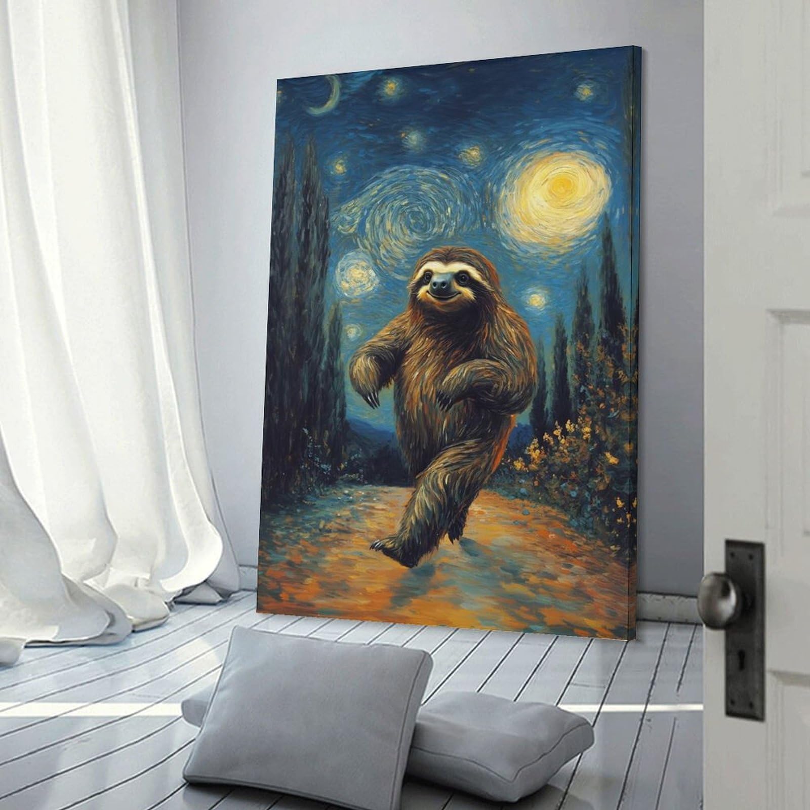 Junmoney Frame-Style Sloth In Starry Night Poster, Picture, Metal Print, Paint By Tesiga Room Decor Wall Art 24X36inch(60X90cm), For Lounge Decor, Offices Or Entryway Styling, A Flexible Wall Accent For Shared Spaces
