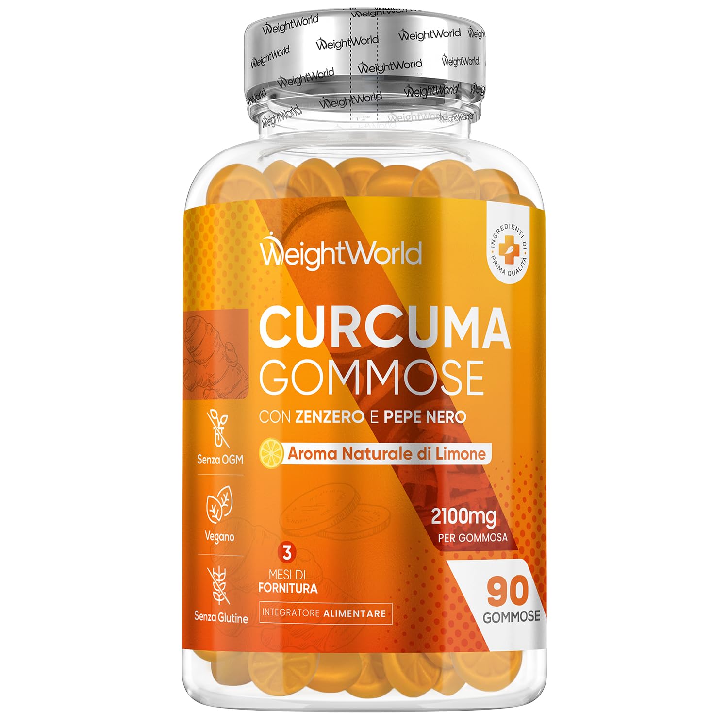 Curcuma Piperina Zenzero, 90 Gommose Vegane, 1 al Giorno (per 3 Mesi), 2100mg per Gommosa, 95% di Curcuminoidi, Curcuma Longa con Zenzero e Pepe Nero, Aroma Naturale di Limone, Senza Glutine né OGM