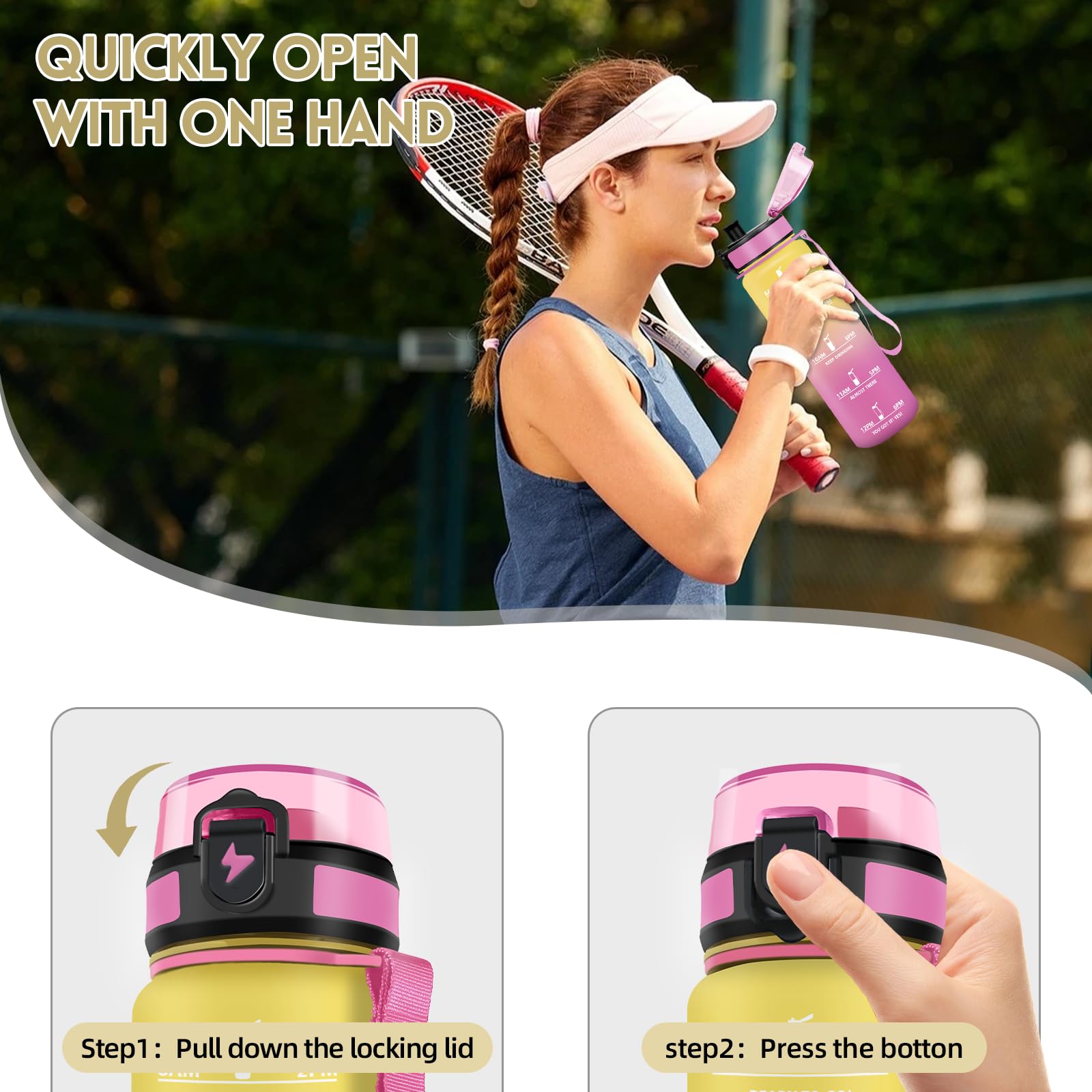 Motswedi Borraccia 1 litro, a Prova di Perdite, Borraccia Motivazionale, Riutilizzabile, Bottiglia Acqua, Senza BPA, Borracce, per Palestra, Ufficio, Sport, Ciclismo, Running, Giallo Rosa