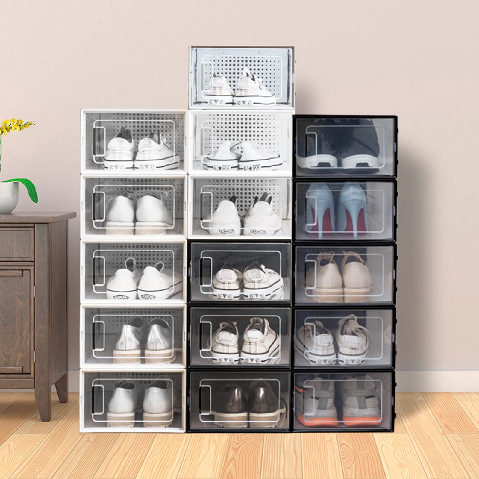 8 Stück Schuhkarton Transparent Kunststoffboxen Schuhboxen Schuhaufbewahrung Stapelbar Schuhschrank Aufbewahrungsbox Schuhorganizer Organizer Boxen (Schwarz)