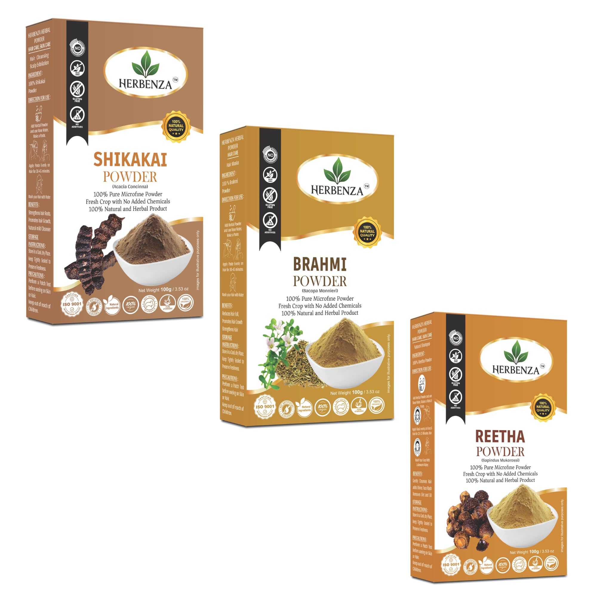 Herbenza Herbal Hair Care Combo – Brahmi, Reetha & Shikakai Powder – 100g Each – 100% Natural & Pure for Hair Strength, Scalp Health & Cleansing – Pack of 3 (300g Total)-image-16