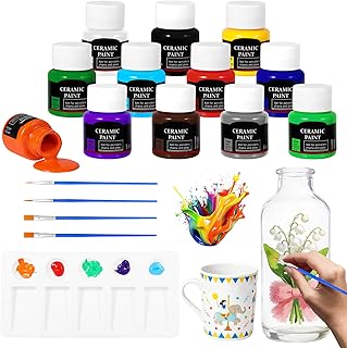Porzellanfarbe Spülmaschinenfest mit 4 Pinsel und Palette, 25ml x 12 Farben Permanente Keramikfarbe Set für Anfänger und Künstler, Wasserdicht Porzellan Bemalen Set für Keramik, Glas