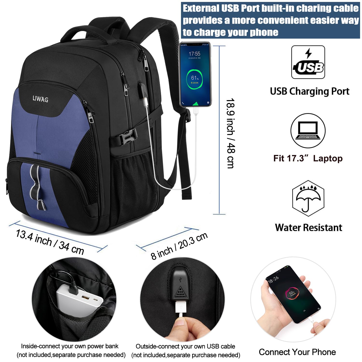 Zaino Uomo 17 Pollici Grande 50L Impermeabile Zaino Porta PC Lavoro Antifurto Zaino Laptop Computer Notebook Borse Zaini per PC Portatili con Caricatore USB per Viaggio Ufficio Scuola Regalo - Blu